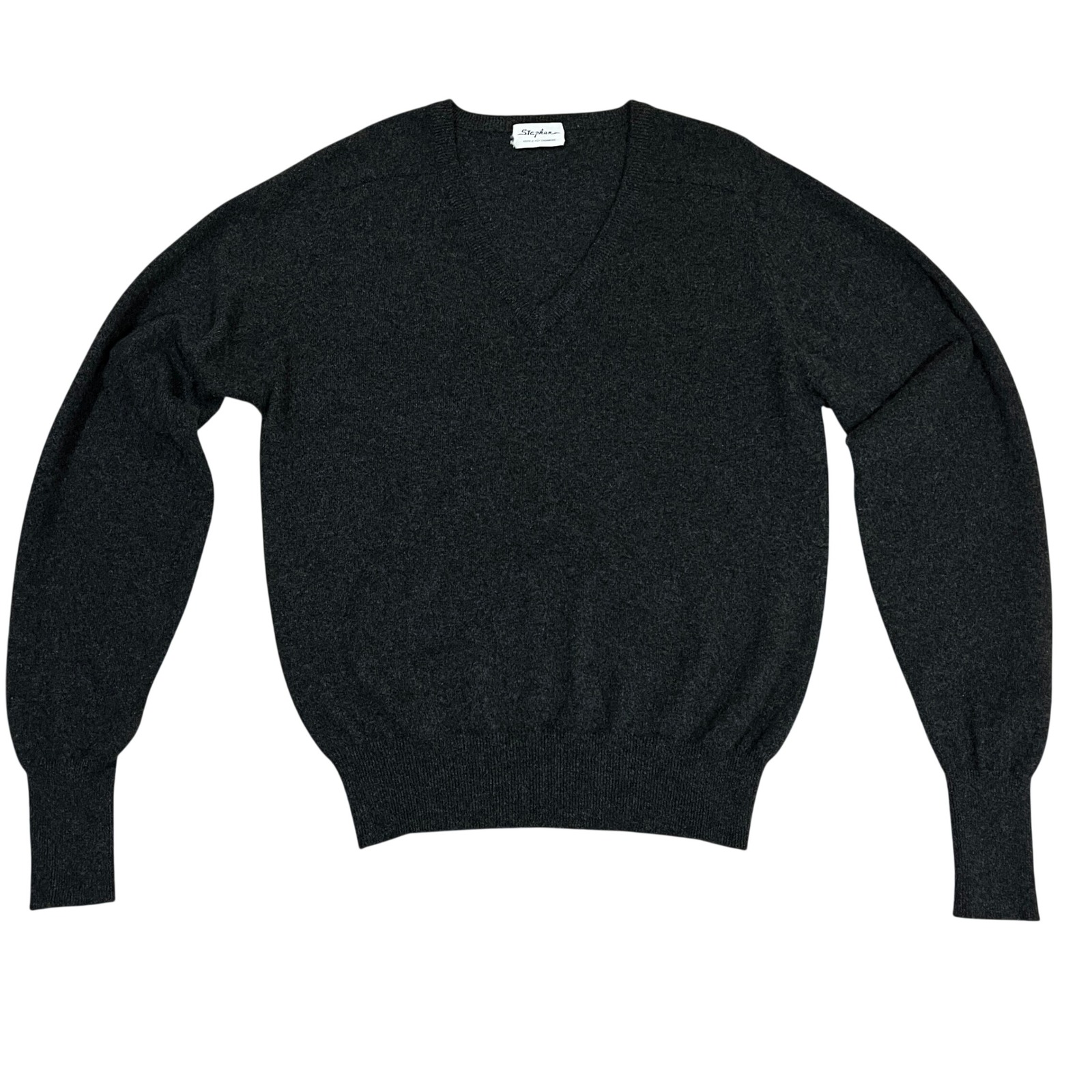 Vintage 90s Stephan Charcoal Gray 100% Cashmere Vneck Sweater L Old Money